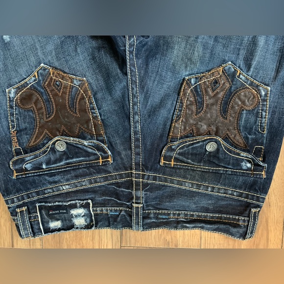 MEK Distressed Denim with Leather Back Pockets Size 36/34 - Picture 4 of 10